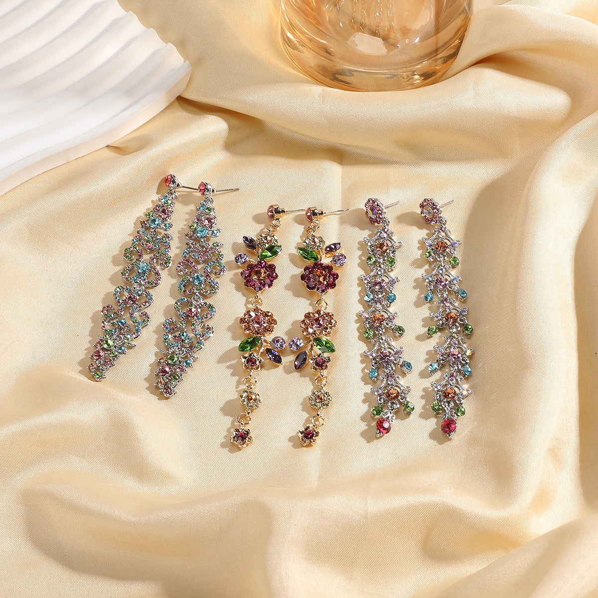 European Style Full Rhinestone Colorful Flower Long Statement Earrings for Bridal, Party, Wedding, and Evening Bash