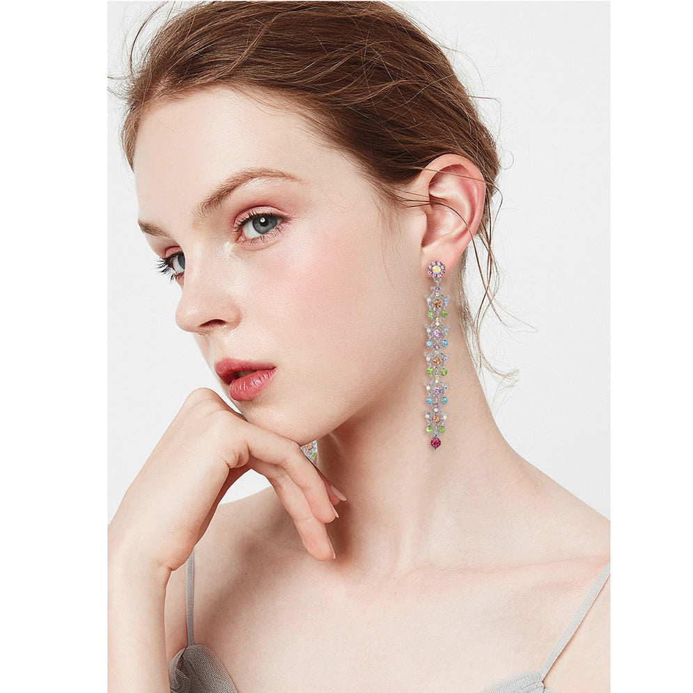 European Style Full Rhinestone Colorful Flower Long Statement Earrings for Bridal, Party, Wedding, and Evening Bash