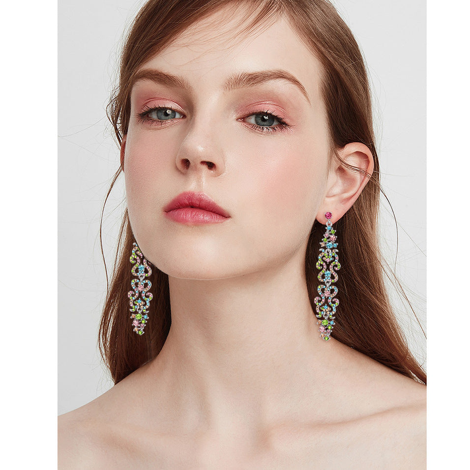 European Style Full Rhinestone Colorful Flower Long Statement Earrings for Bridal, Party, Wedding, and Evening Bash