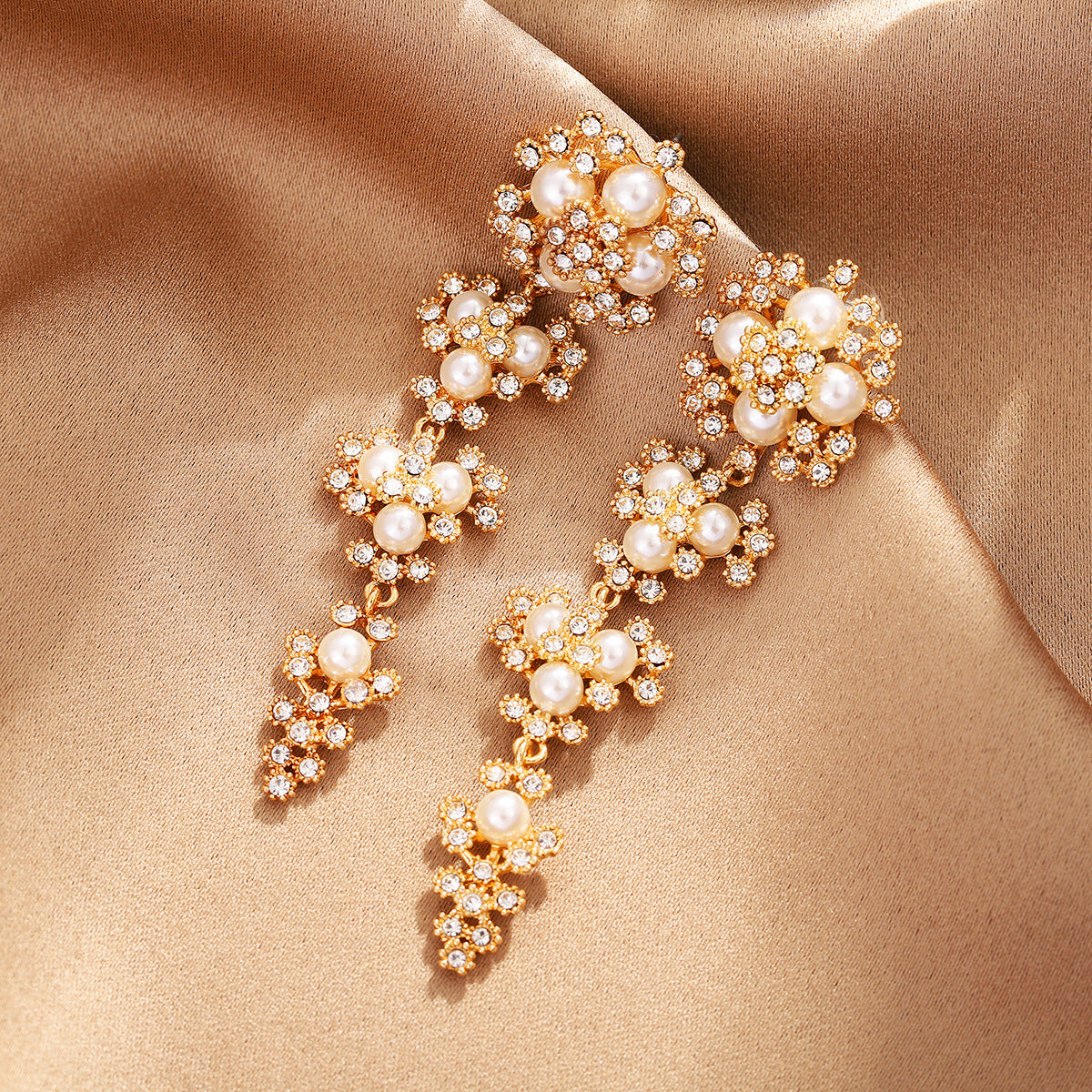 Classic Floral Tassel Earrings – Long Crystal and Pearl Dangles for a Bold, Fashionable Look