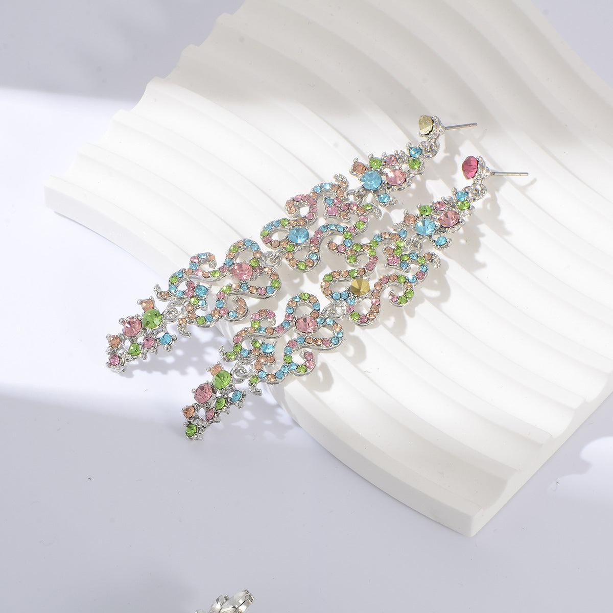European Style Full Rhinestone Colorful Flower Long Statement Earrings for Bridal, Party, Wedding, and Evening Bash