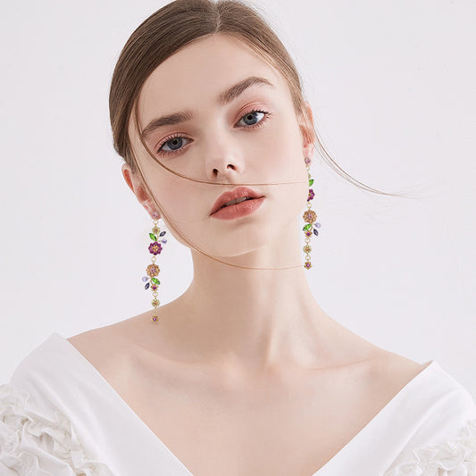 European Style Full Rhinestone Colorful Flower Long Statement Earrings for Bridal, Party, Wedding, and Evening Bash