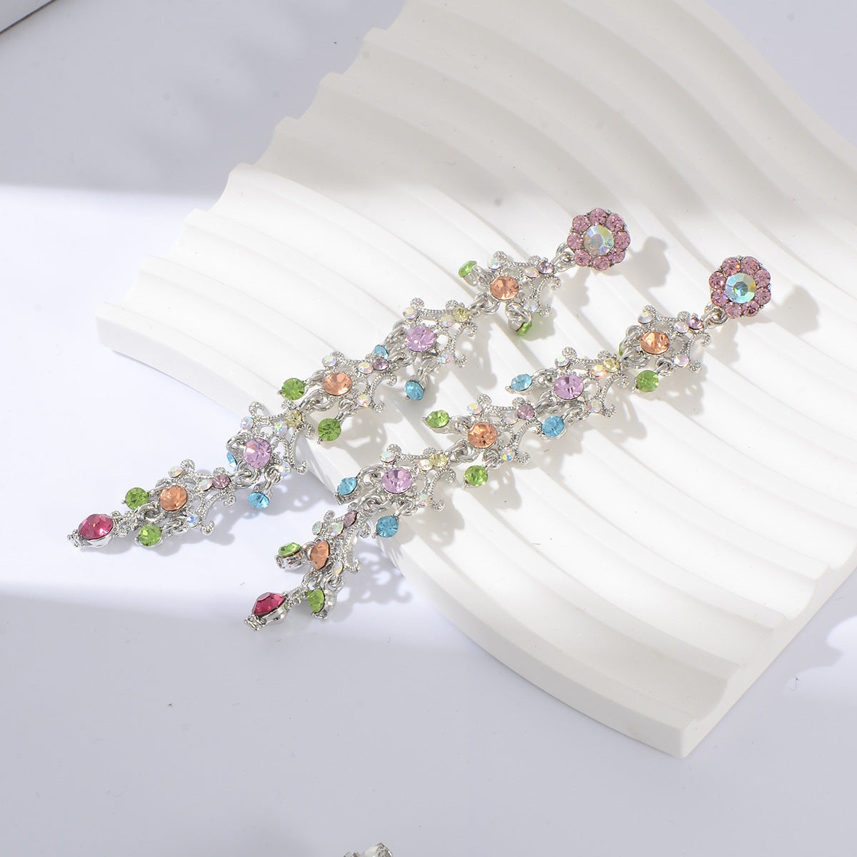 European Style Full Rhinestone Colorful Flower Long Statement Earrings for Bridal, Party, Wedding, and Evening Bash