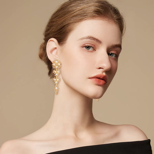 Classic Floral Tassel Earrings – Long Crystal and Pearl Dangles for a Bold, Fashionable Look