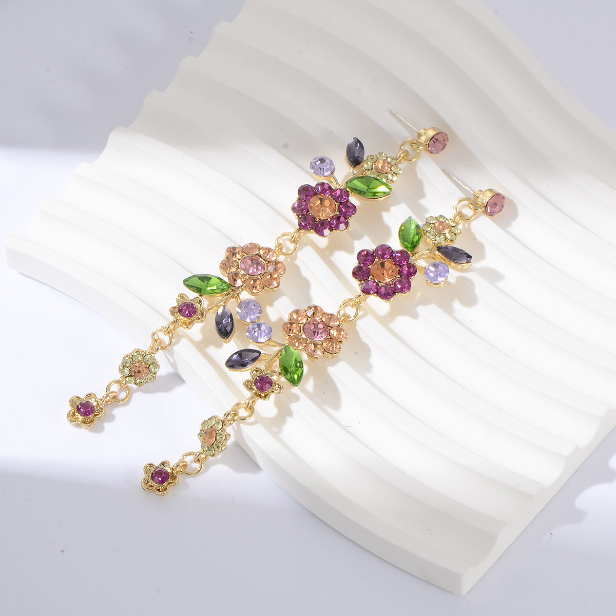 European Style Full Rhinestone Colorful Flower Long Statement Earrings for Bridal, Party, Wedding, and Evening Bash